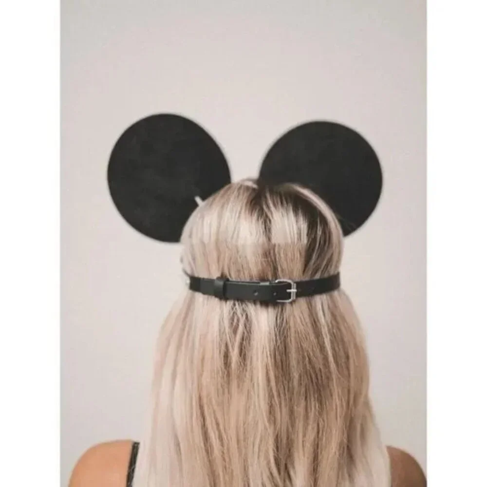 𝅺BLACK Leather Minnie Mouse Fetish Face Mask Slave Bondage BDSM Costume Cosplay